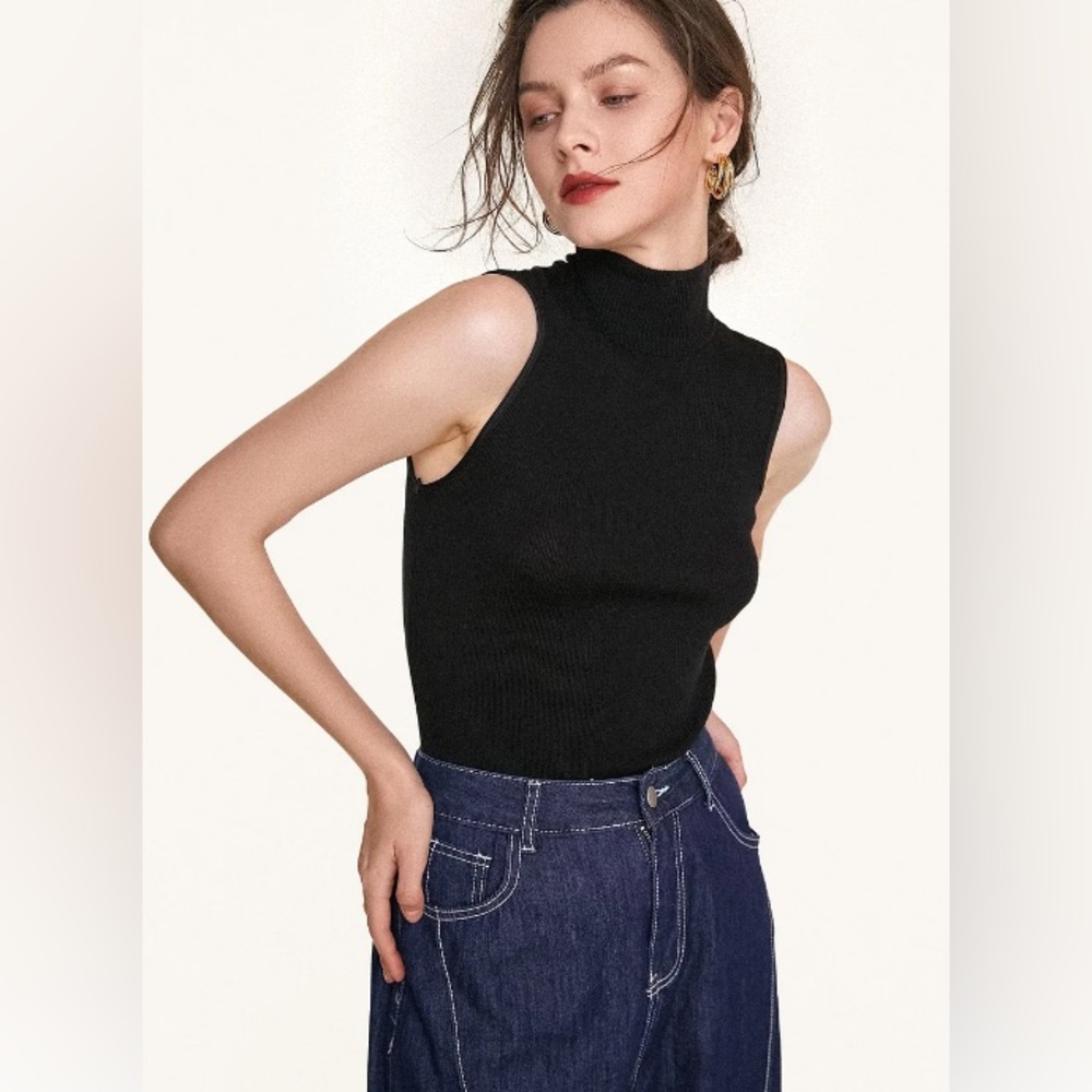 Black Wool- Blend Mock Neck Sweater Vest